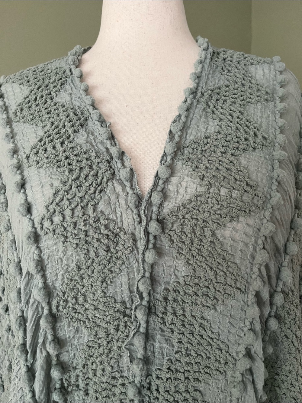 Sage Green Pom Pom Kimono Wrap | Textured Open Front - Picture 5 of 7